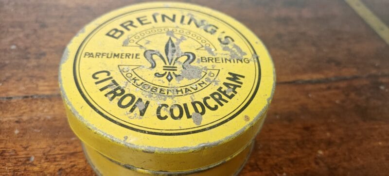 Breinings Citron Coldcream. Parfumerie Breining Kjøbenhavn. Blikdåse